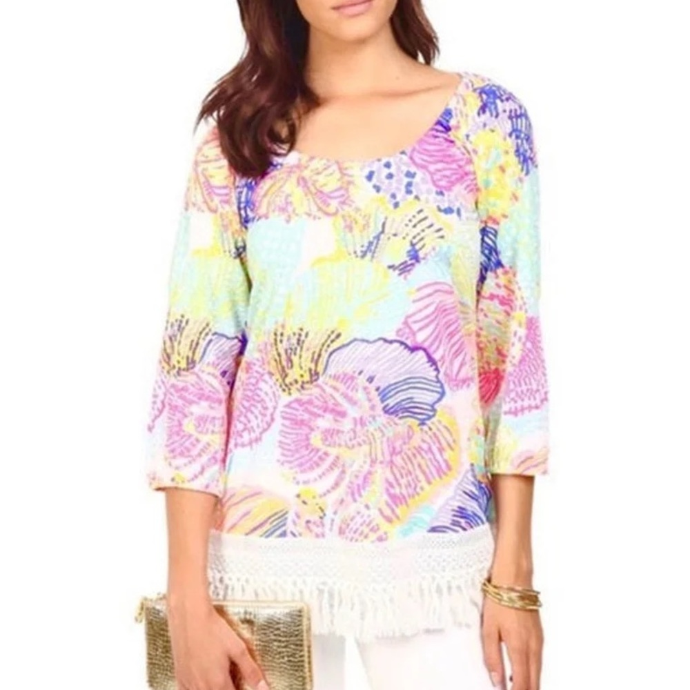 Lilly Pulitzer Alia Fringe Blouse Women’s Small Roar of the Seas Shells Rainbow